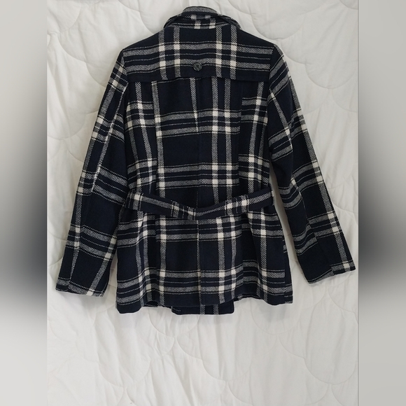 Bongo Womens Large Belted Brushed Soft Button-Down Plaid Navy Blue White Jacket - Picture 13 of 15